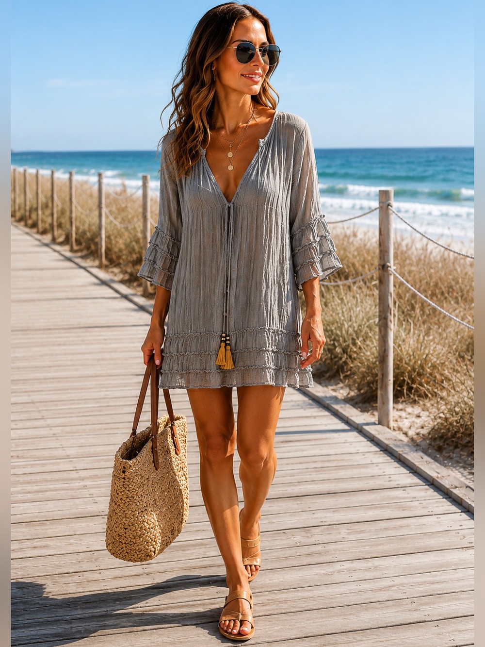 Light Gray V-Neck Swim Cover-Up Tunic with Tassel